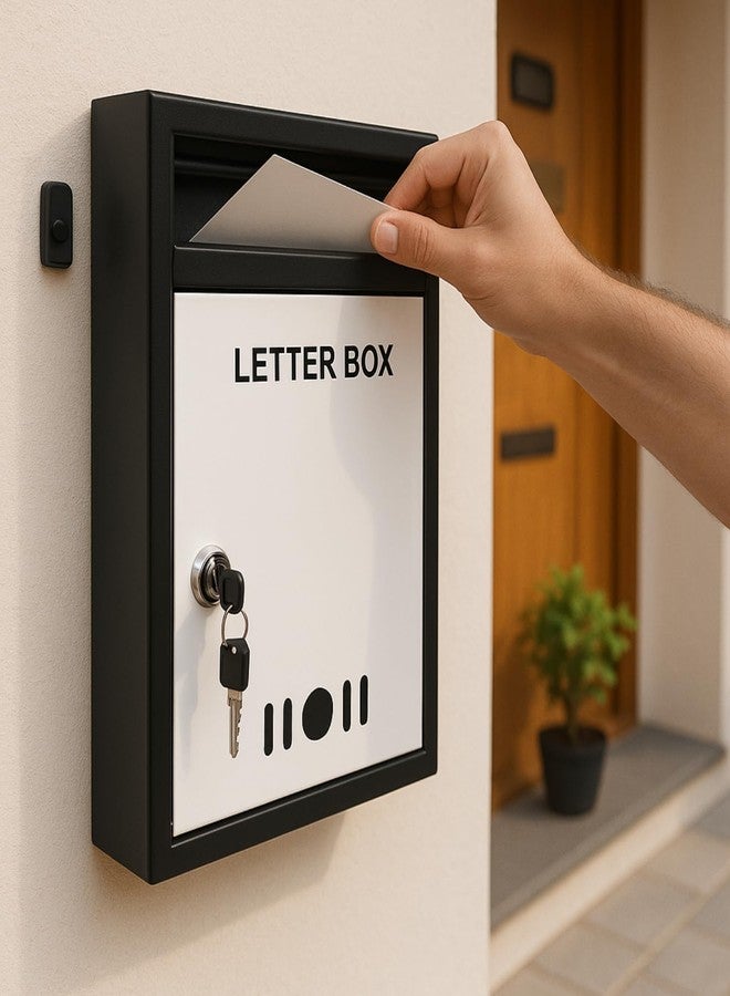 HOMIFLY صندوق بريد/صندوق اقتراحات/صندوق شكاوى/صندوق رسائل بحجم A4 للتثبيت على الحائط من HOMIFLY للمكتب/صندوق بريد لبوابة المنزل مع نافذة شفافة وقفل مفتاح آمن - (أسود وعاجي) - Image 1